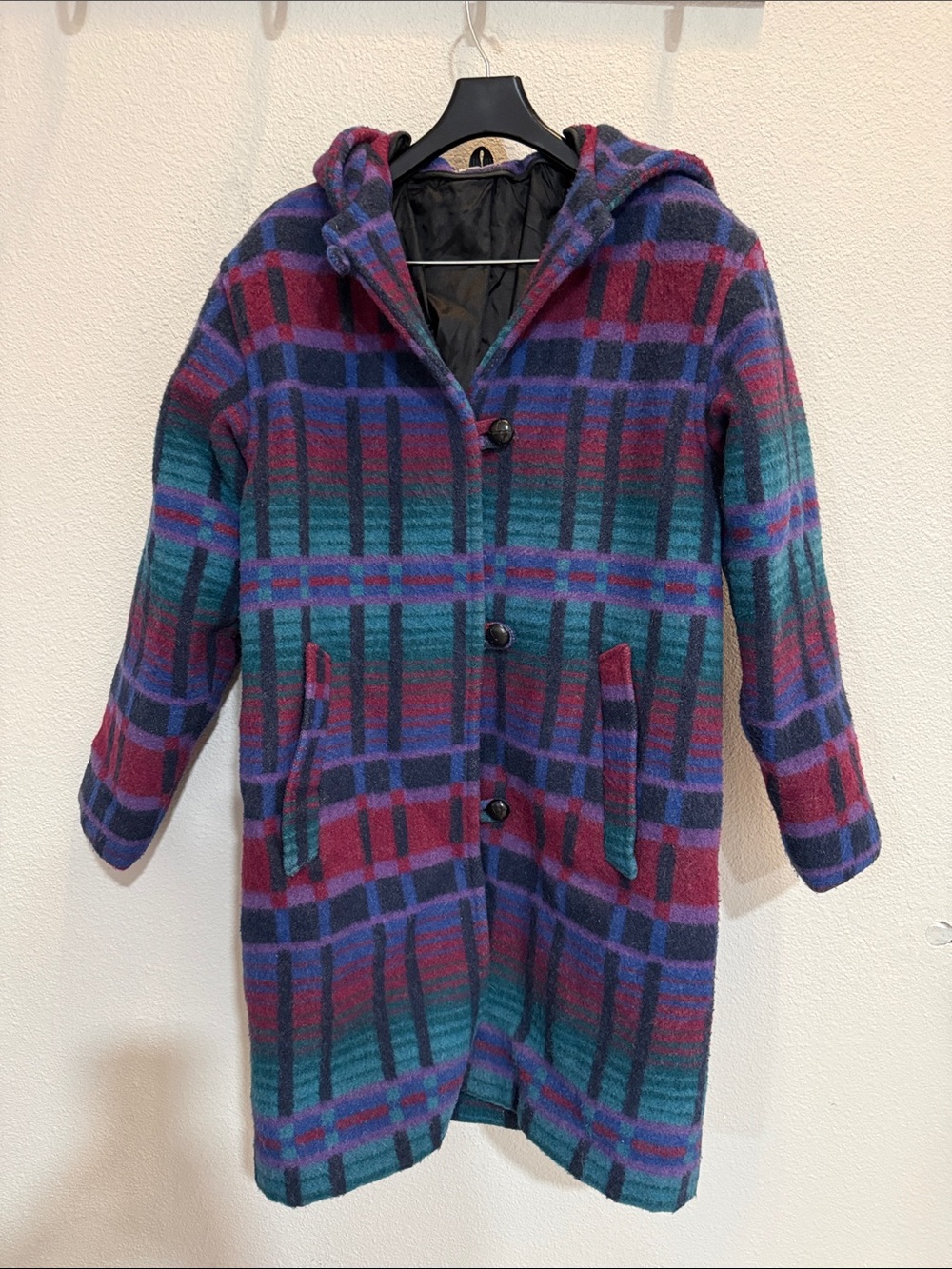 Vtg LL Bean Women’s L Wool Hooded Duffle Trench Coat Aztec Plaid Leather Button